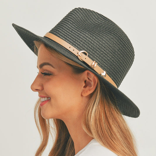 Black Straw Leather Band Hat