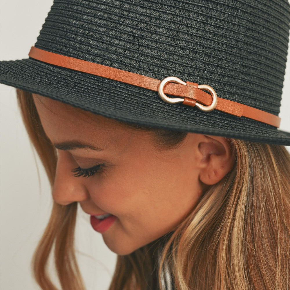 Black Straw Leather Band Hat