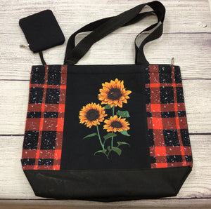 Sunflower and Plaid Tote Bag w/ Coin Purse