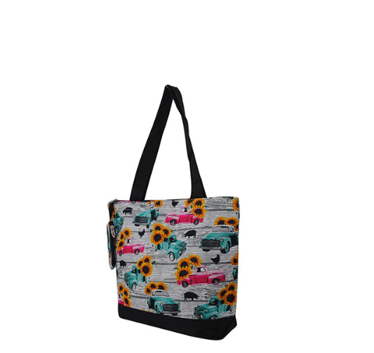 Pink & Blue Truck Sunflower Tote Bag w/ Coin Purse