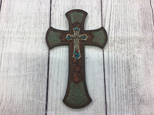 Green Rose Edged Cross w/ Small Stone Cross